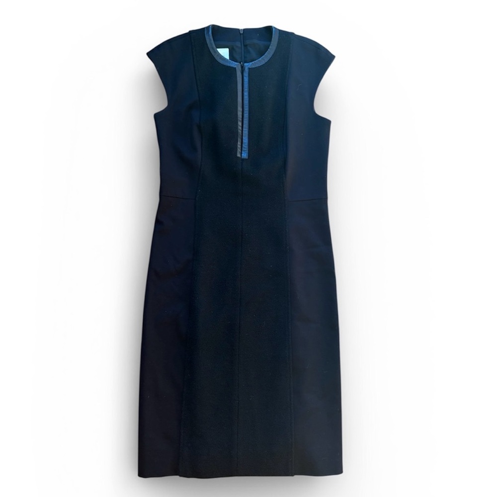 Akris Punto Black Cap Sleeve Zip-Front Leather Neck Trim Sheath Dress Size 8